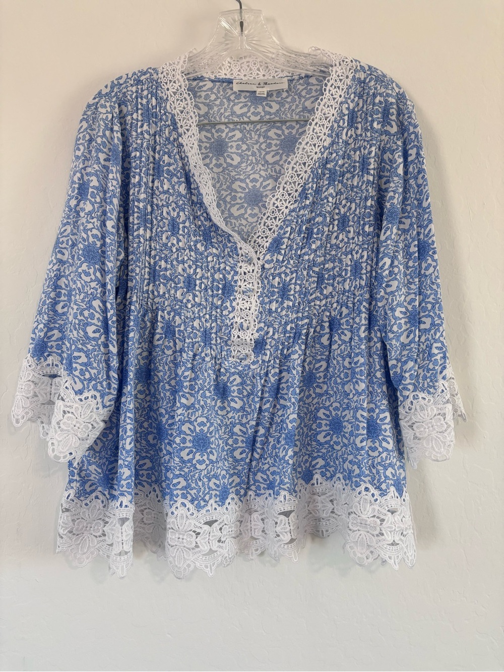 CHELSEA & THEODORE Three-Quarter Sleeve Crochet Peasant Shirt Top Plus Size XXL